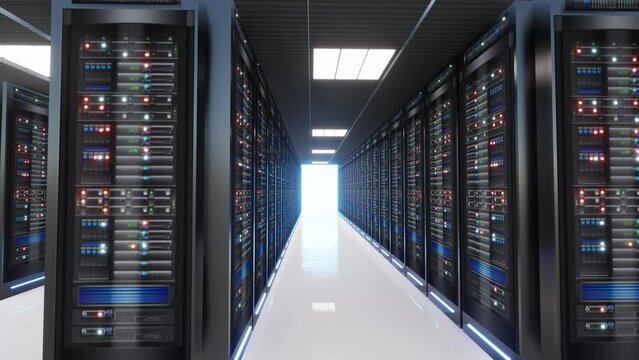 Network and data servers behind glass panels in a server room of a data center or ISPt, 3d Animation