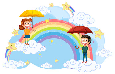 Happy children with rainbow