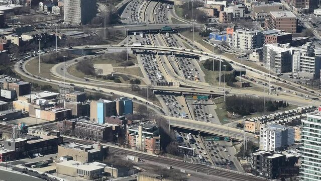 A crowded interstate expressway interchange during the day in downtown Chicago, Illinois. 