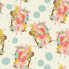 Stylish seamless pattern with bruschetta with shrimp, mushrooms, lettuce. Vector print, background, design. Food. Lunch.