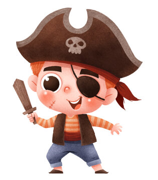 Vector illustration of cute cartoon children. Happy Halloween. Pirate costume.