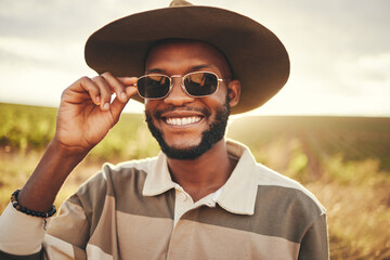 Black man, sunglasses and farm fashion, holiday vacation and travel with fresh look, cool and relax...