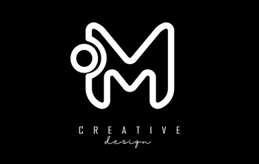 Outline white letter M logo with dot and gradient design. Vector Illustration with geometric design.