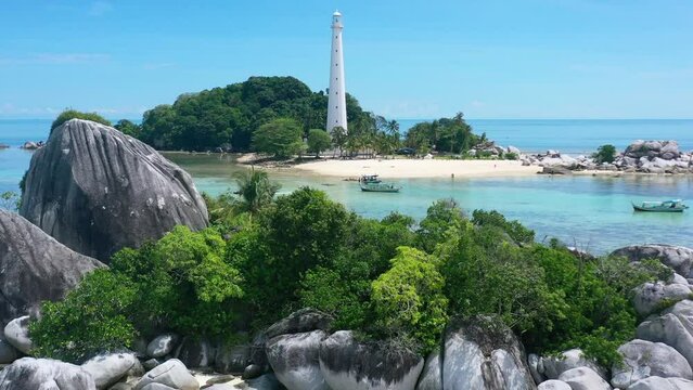 aerial panoramic of lengkuas island in belitung indonesia with beautiful white lighthouse