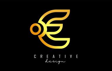 Outline golden letter E logo with dot and gradient design. Vector Illustration with geometric design.