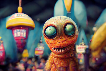 Group of scary alien monsters having fun at the amusement park. Colorful funny scenes of smiling monster aliens