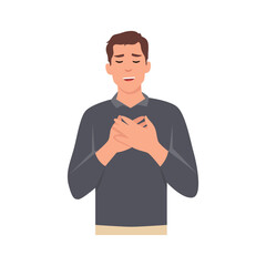 Young man touched positive. Holds his hands on his chest, expressing gratitude. Flat vector illustration isolated on white background