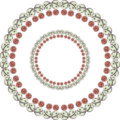 Round frame in shape of wreath with jingle bells. Isolated on white background. Mandala.