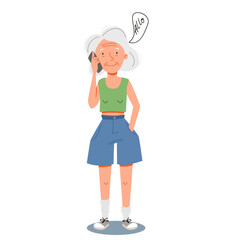 An elderly woman is talking on a smartphone. Flat vector illustration in cartoon style.