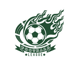 Obraz premium Football emblem with ball on fire, flame and sports arena, isolated monochrome picture. Vector illustration