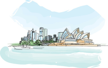 Skyline Sydney, Australia. Circular Quay i Opera House. Vector illustration for travel magazine, poster, calendar, social media © Aleksandra