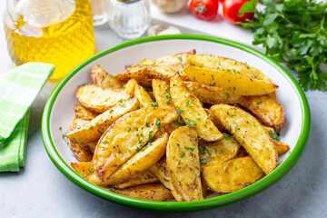Roasted potato wedges with herbs and sea salt on plate, top view (Turkish name; elma dilim patates)