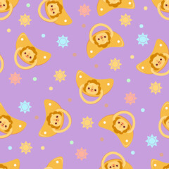 Seamless children's pattern on a purple background. A dummy with a lion. Pacifier for children