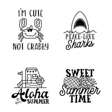 Summer badges set with different quotes and sayings - Im Cute Not Crabby. Retro beach logos. VIntage surfing labels and emblems. Stock graphics