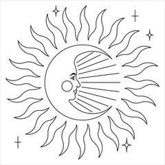 Beautiful sun and crescent moon with female face. Moon profile near solar symbol with sunbeams. Astrological celestial objects in outline stroke. Vector illustration in modern style.