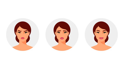 Different face expressions. beautiful girl with sad, happy and angry emotion. Vector illustration pretty woman avatar with different options of her face. Modern vector illustration.