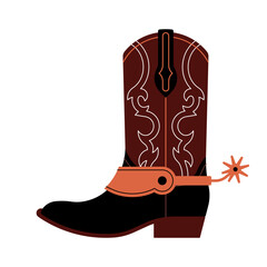 Cowboy boot with spurs. Brown leather footwear with embroidered ornament, metallic spur near heel. Western traditional shoes style. Modern vector illustration in flat style. Editable stroke. - obrazy, fototapety, plakaty