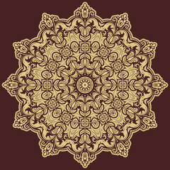 Oriental pattern with arabesques and floral elements. Traditional classic round golden ornament. Vintage pattern with arabesques