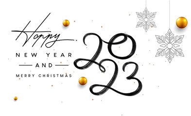 Happy New Year 2023 with glitter isolated on white background, hand written lettering text design gold colored, vector elements for calendar and greeting card New Year 2023.