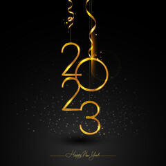 Happy New Year 2023 with isolated on black background, text design gold colored, vector elements for calendar and greeting card.