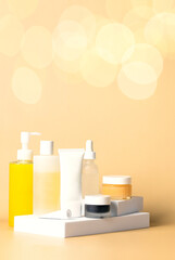 Different cosmetic products for skincare routine cleanser,toner, serum, mask, cream bottles on podium at beige background with gold bokeh. sale concept.