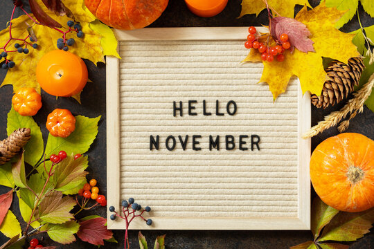Autumn background with Hello November letters and autumn message board, pumpkins and colorful leaves. Cozy autumn mood. Fall seasons greeting card.