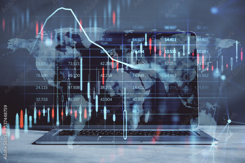 Poster Close up of laptop computer with glowing candlestick forex chart and map hologram on blurry background. Stock, investment, market and money concept. Double exposure.