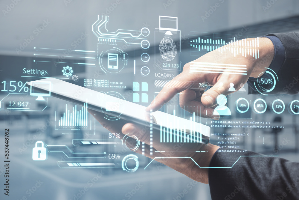 Poster close up of businessman hand pointing at tablet with creative glowing business chart interface holog
