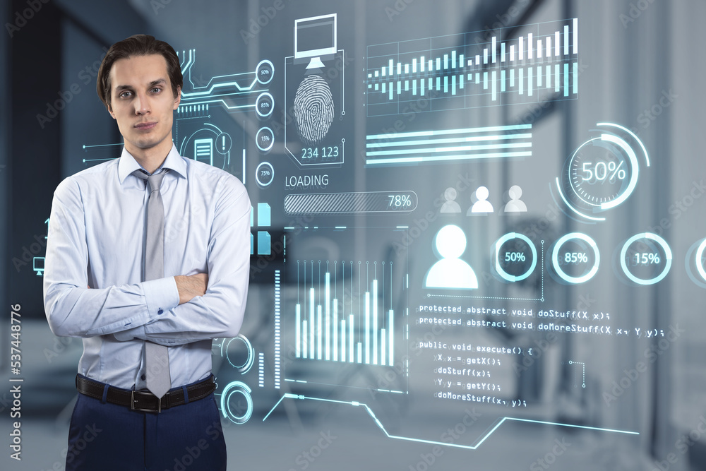 Poster businessman with folded arms and abstract glowing business chart interface hologram on blurry office