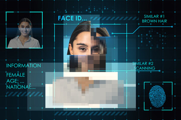Biometric and safety concept with personal data of young woman and fingerprint on abstract dark background