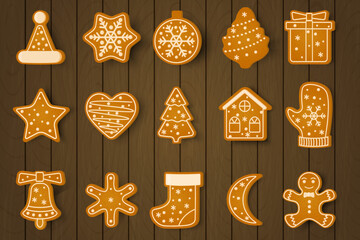 Christmas cookies on a wooden background.New Year's holiday treats.Vector illustration.