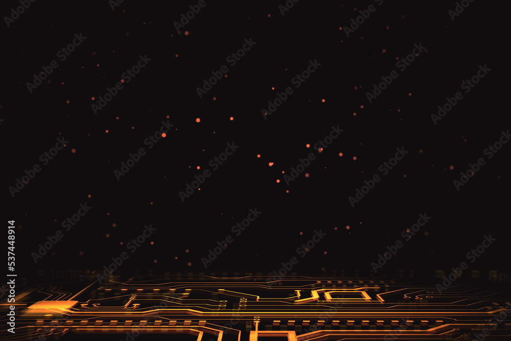 Aufkleber Front view on dark retro effect abstract technology background with place for your poster or advertising text, bright dots and part of circuit. 3D rendering, mock up