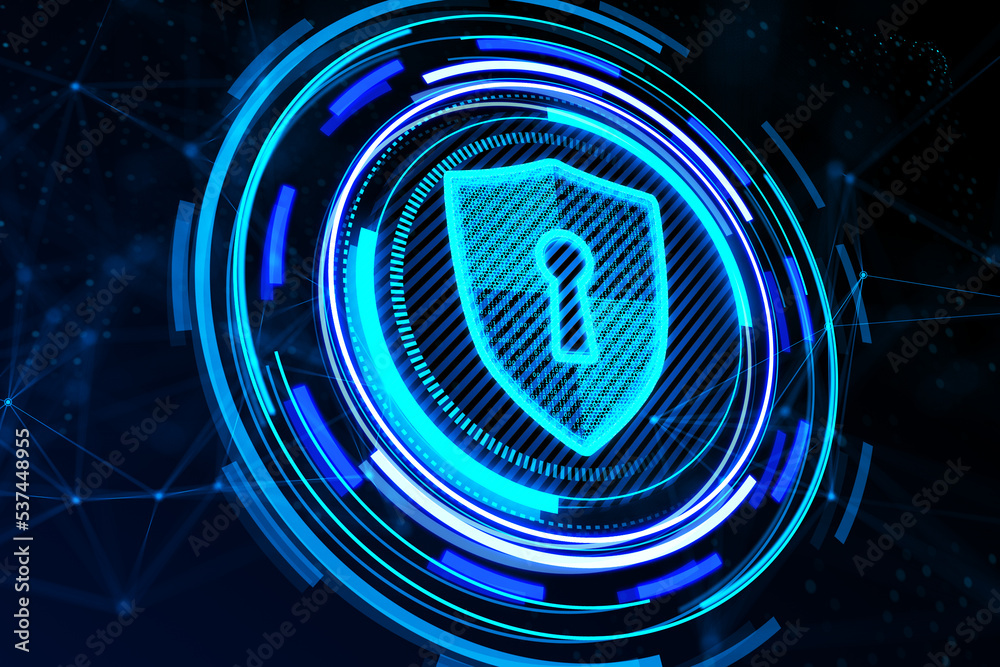 Poster Creative glowing blue shield hologram on dark backdrop. Secure, safety, database and web protection concept. 3D Rendering.