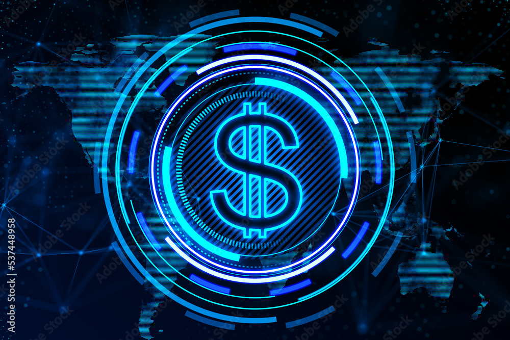 Poster creative glowing round dollar icon and map hologram on dark background. finance, currency and global