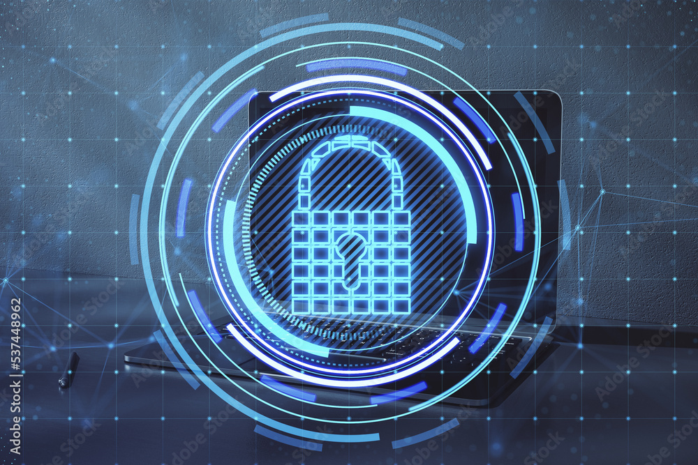 Poster close up of laptop on desktop with creative glowing blue padlock hologram on blurry background. secu