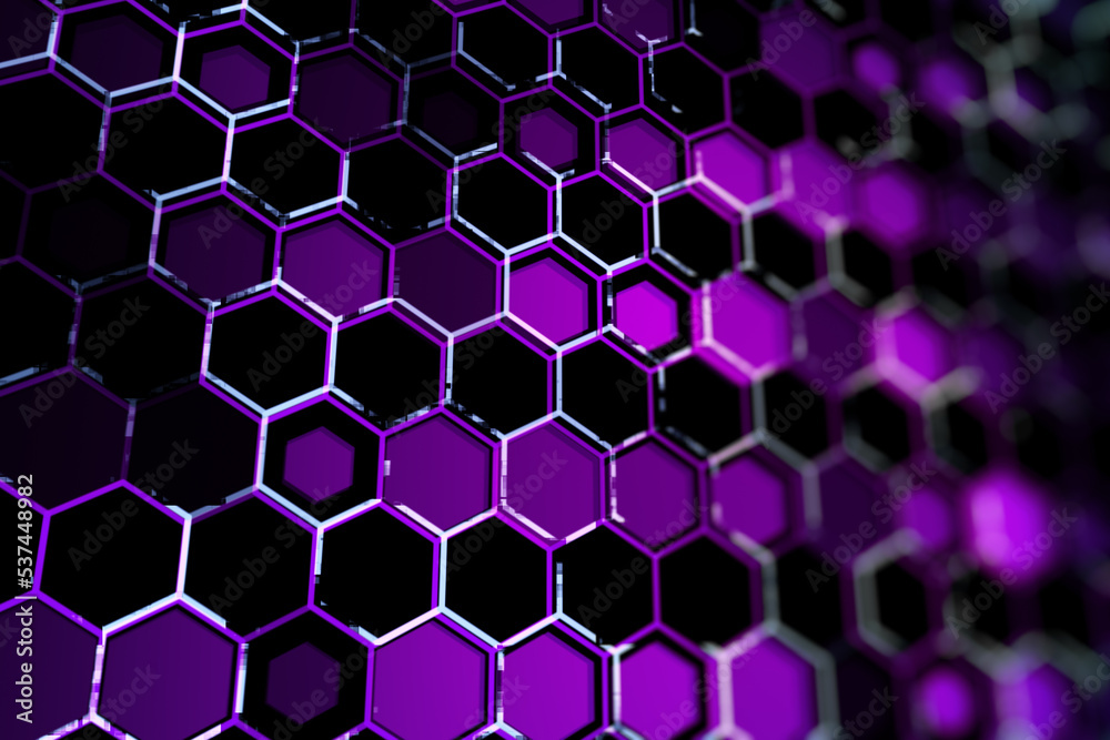 Poster Creative purple hexagonal backdrop. Technology, design and landing page concept. 3D Rendering.