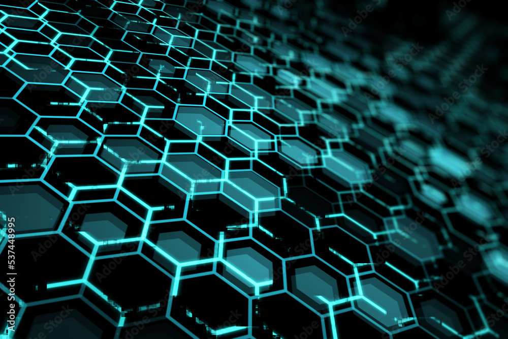 Poster creative blue hexagonal wallpaper. technology, design and landing page concept. 3d rendering.