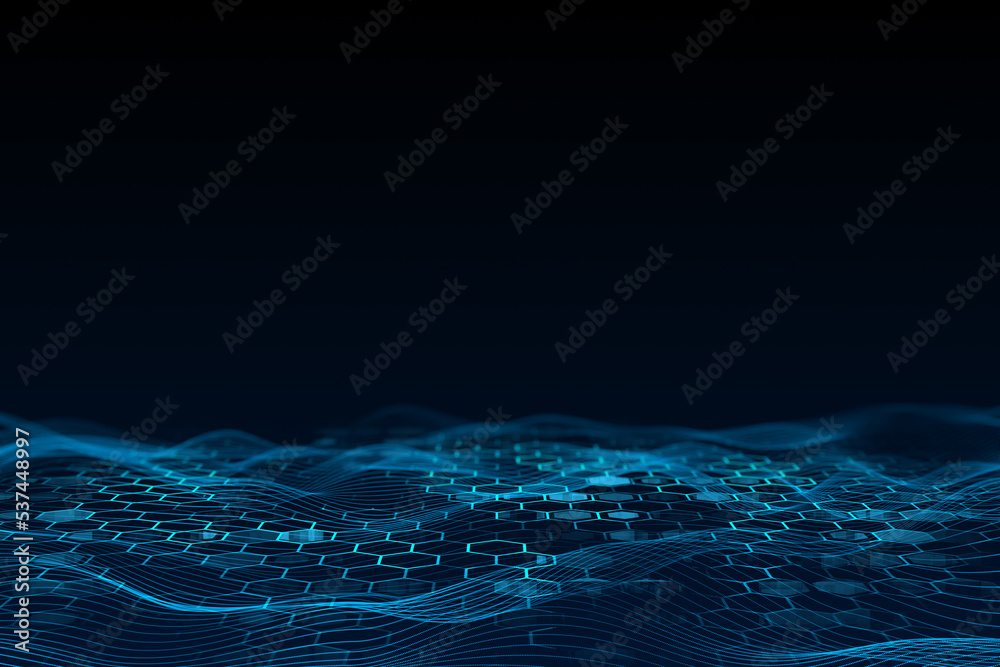 Poster Creative blue hexagonal backdrop with mock up place. Technology, design and landing page concept. 3D Rendering.