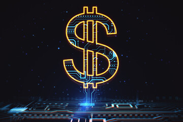 Cyber money concept with bright digital yellow dollar sign connected to blue micro circuit on abstract dark background. 3D rendering
