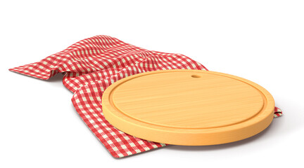Wooden pizza or cutting board on red plaid towel, 3D render. Round wood tray on checkered tablecloth with folds, natural kitchen plank for cut food isolated on white background