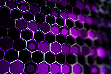 Creative purple hexagonal backdrop. Technology, design and landing page concept. 3D Rendering. - obrazy, fototapety, plakaty