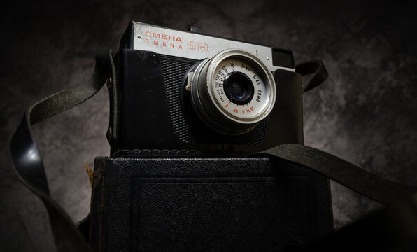 Smena 8M vintage camera. Smiena old fashioned retro style photographic equipment on August 9, 2022 in Miekinia, Poland.