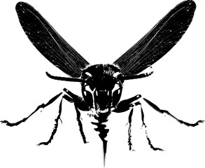 A bee with big wings and its mouth open in black and white.