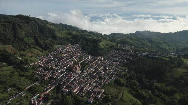 Visionary Panorama of Jerico Andean Town near Medell&iacute;n Valley Aerial Drone Above Antioquia in Between Mountains and Epic Sky