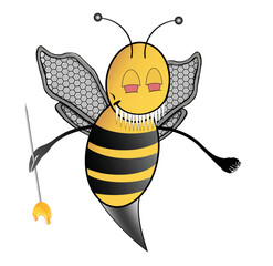 A yellow striped bumblebee holding an upside down honeycomb. The bee has lots of teeth and red eyes