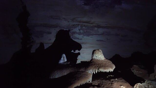 Handheld shot of a flashlight lighting up a cave structure creating a dinosaur shadow inside the famous Lapa Doce cave in the Chapada Diamantina National Park in Bahia, northeastern Brazil