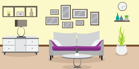 Living room interior. Comfortable sofa, bookcase, chair and house plants. Vector flat illustration