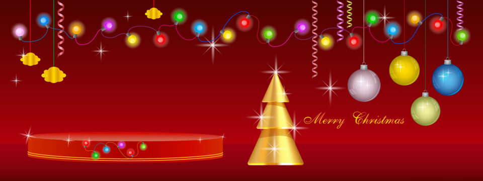 Christmas red podium with bright festive decorations.
 New Year's podium for the demonstration of goods
 on a red background. 3D image.