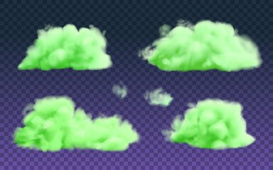 Green realistic clouds set. Vector Halloween illustration. Fluorescent sky