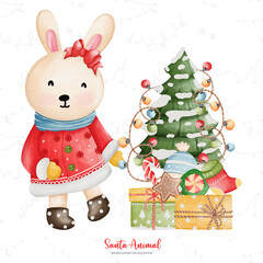 Cute Bunny in Santa costume, Watercolor Christmas season illustration, Christmas animal illustration..